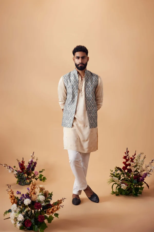 Beige & Blue Hand Embroidered Kurta & Jacket Set