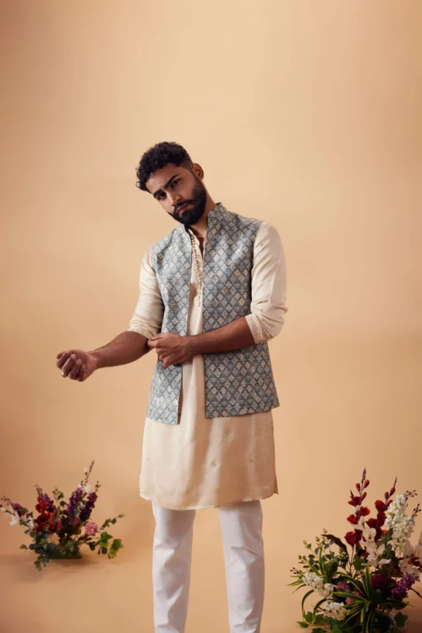 Beige & Blue Hand Embroidered Kurta & Jacket Set - Image 3
