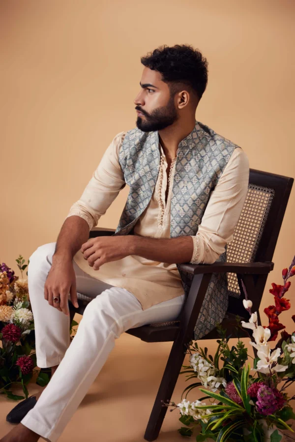 Beige & Blue Hand Embroidered Kurta & Jacket Set