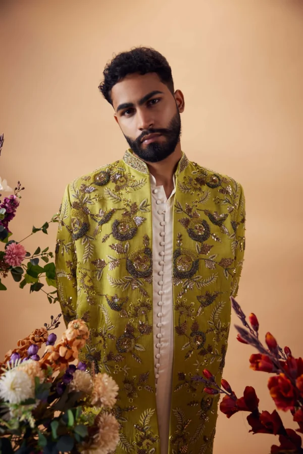 Green Sherwani Kurta & Jacket Set