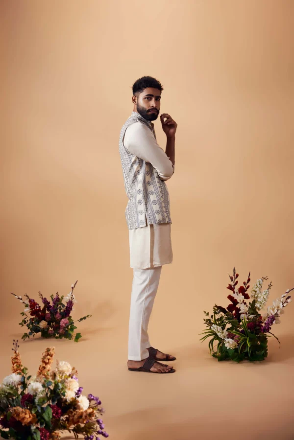 Off-White & Blue Silk Kurta