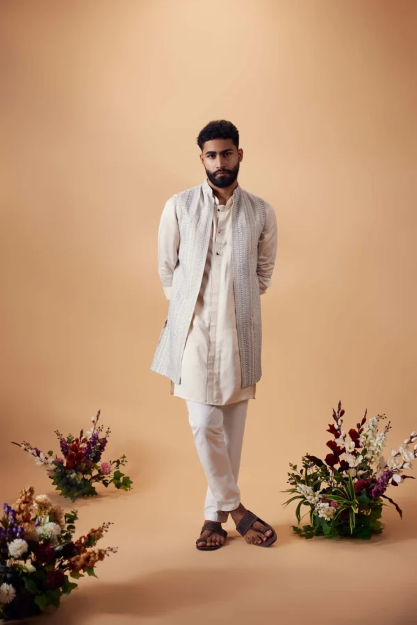 Off-White & Blue Silk Kurta with Embroidered Jacket