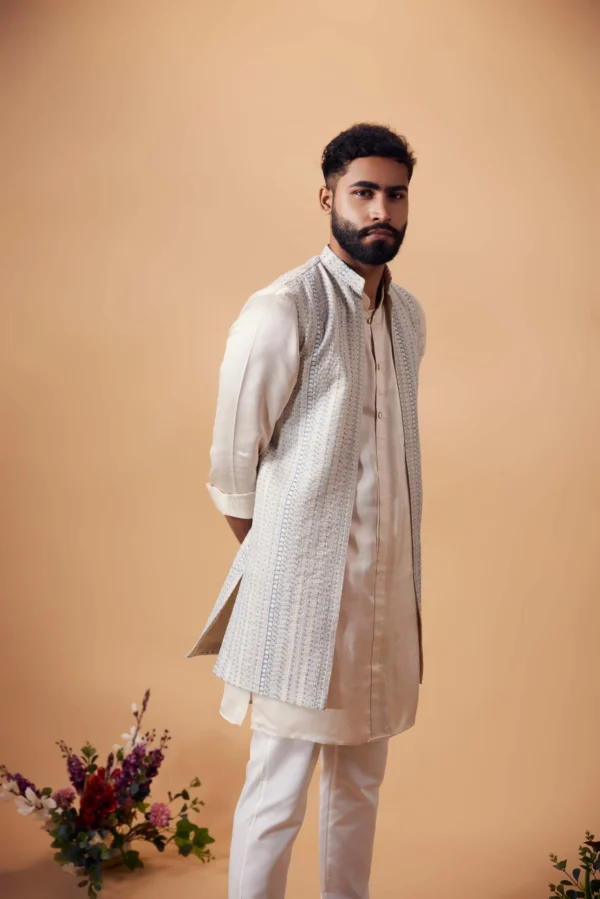 Off-White & Blue Silk Kurta with Embroidered Jacket