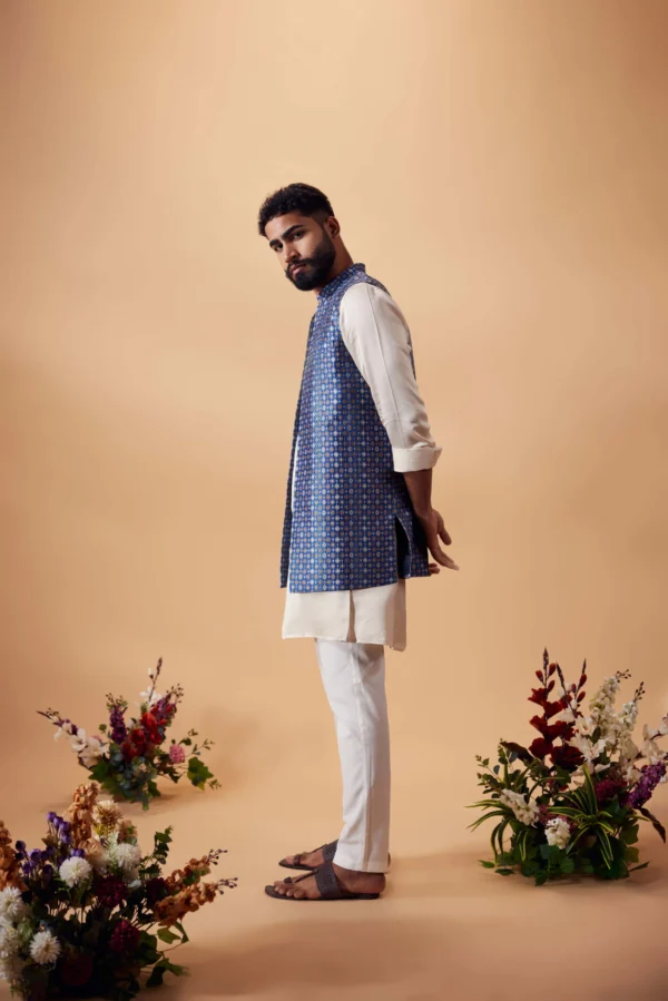 Off-White & Blue Silk Kurta with Printed Jacket