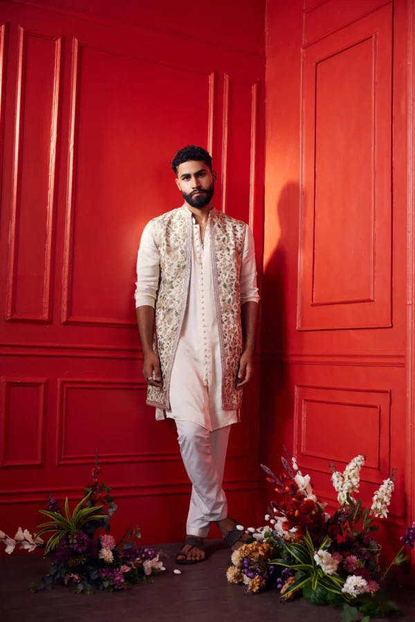 Off-White & Multi-Color Embroidered Kurta & Jacket Set