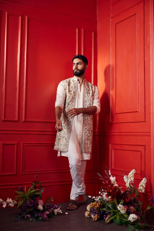 Off-White & Multi-Color Embroidered Kurta & Jacket Set