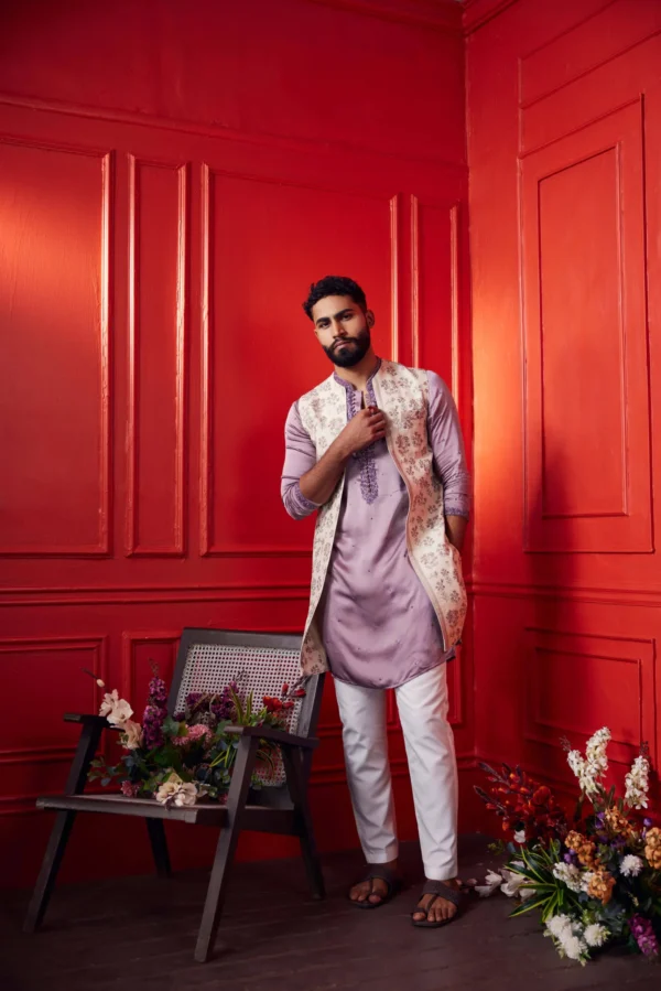 Purple & Off-White Hand Embroidered Kurta & Jacket