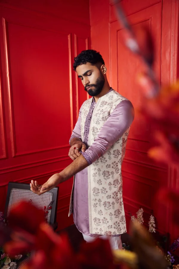 Purple & Off-White Hand Embroidered Kurta & Jacket